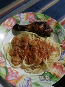 Spaghetti with Tomato Sauce and Frankfurters or Hot Dogs