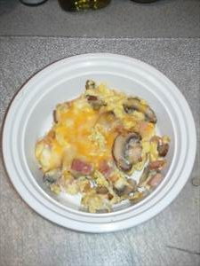 Egg Omelet or Scrambled Egg with Onions, Peppers, Tomatoes and Mushrooms