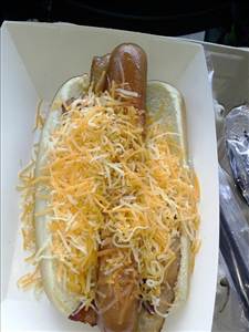 Frankfurter or Hot Dog with Chili and Cheese on Bun