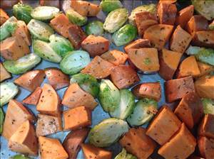 Roasted Brussels Sprouts & Sweet Potatoes